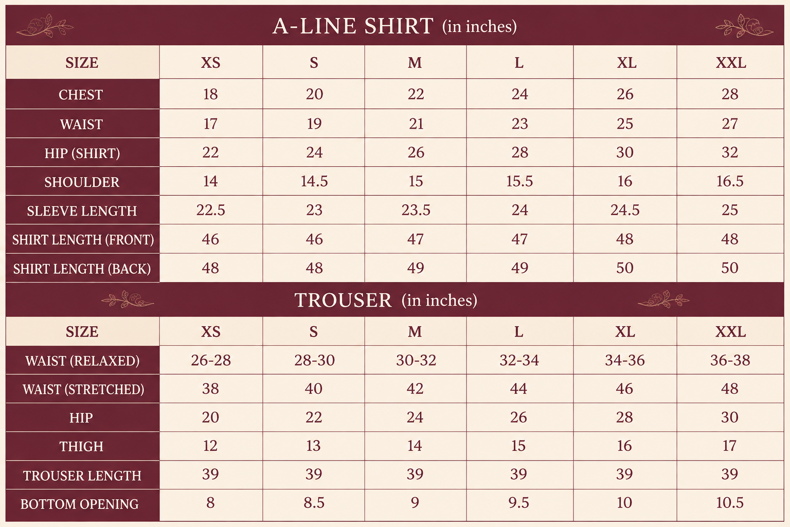 Olive Bloom size chart